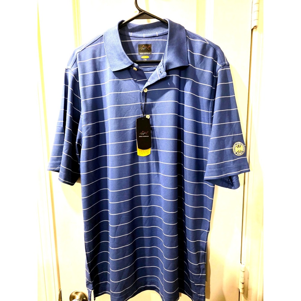 Greg Norman PlayDry Men's Short-Sleeve Polo Shirt, Blue‎ Stripe, SZ L NWT